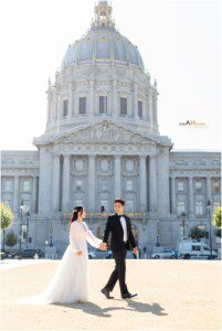 A couple dressed formally, the woman in a white gown and the man in a black suit, hold hands while walking in front of a grand domed building in daylight.