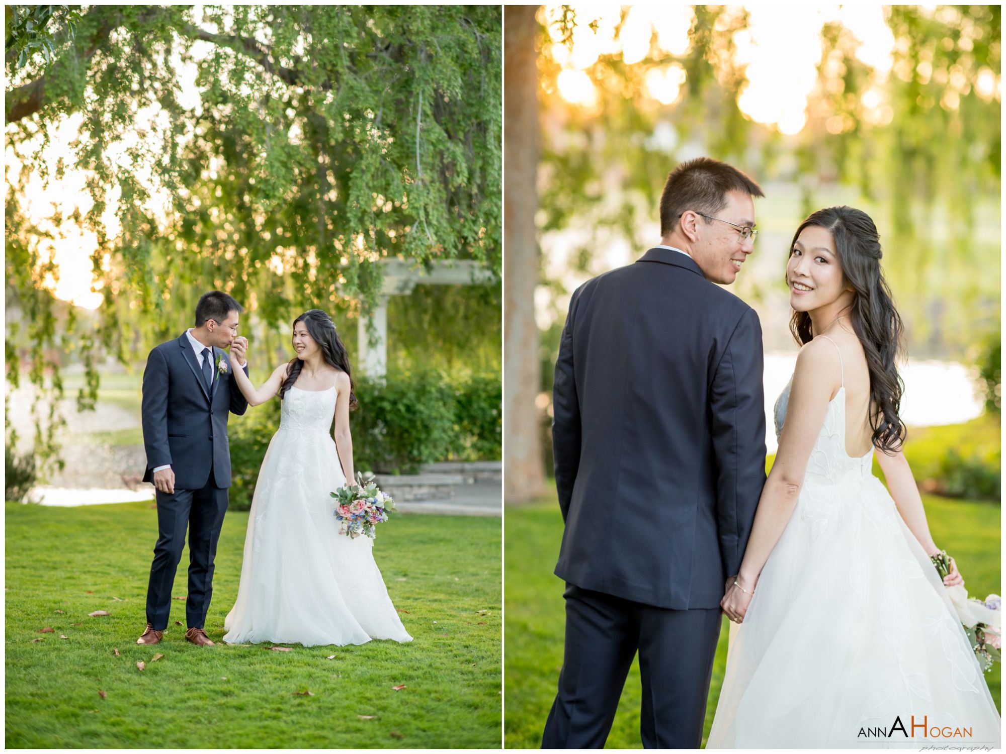 Groom kissing bride’s forehead tenderly