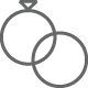 Two simple, overlapping line drawings of rings. One ring has a small diamond shape on top, resembling an engagement ring, suggesting a theme of marriage or partnership.