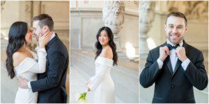 A bride in an off-the-shoulder white dress and a groom in a black suit pose together, the bride smiles solo holding flowers, and the groom adjusts his bow tie, all in a bright, elegant indoor setting.