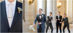 A groom in a navy suit and bow tie stands indoors, tossing a bouquet while three men in suits eagerly reach to catch it. A close-up shows a boutonniere and tie clip on his suit jacket.