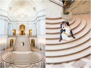 A newlywed couple poses on elegant marble steps inside a grand, ornate hall with high ceilings and intricate architectural details. The scene captures both a wide staircase view and a close-up of the couple sitting together.