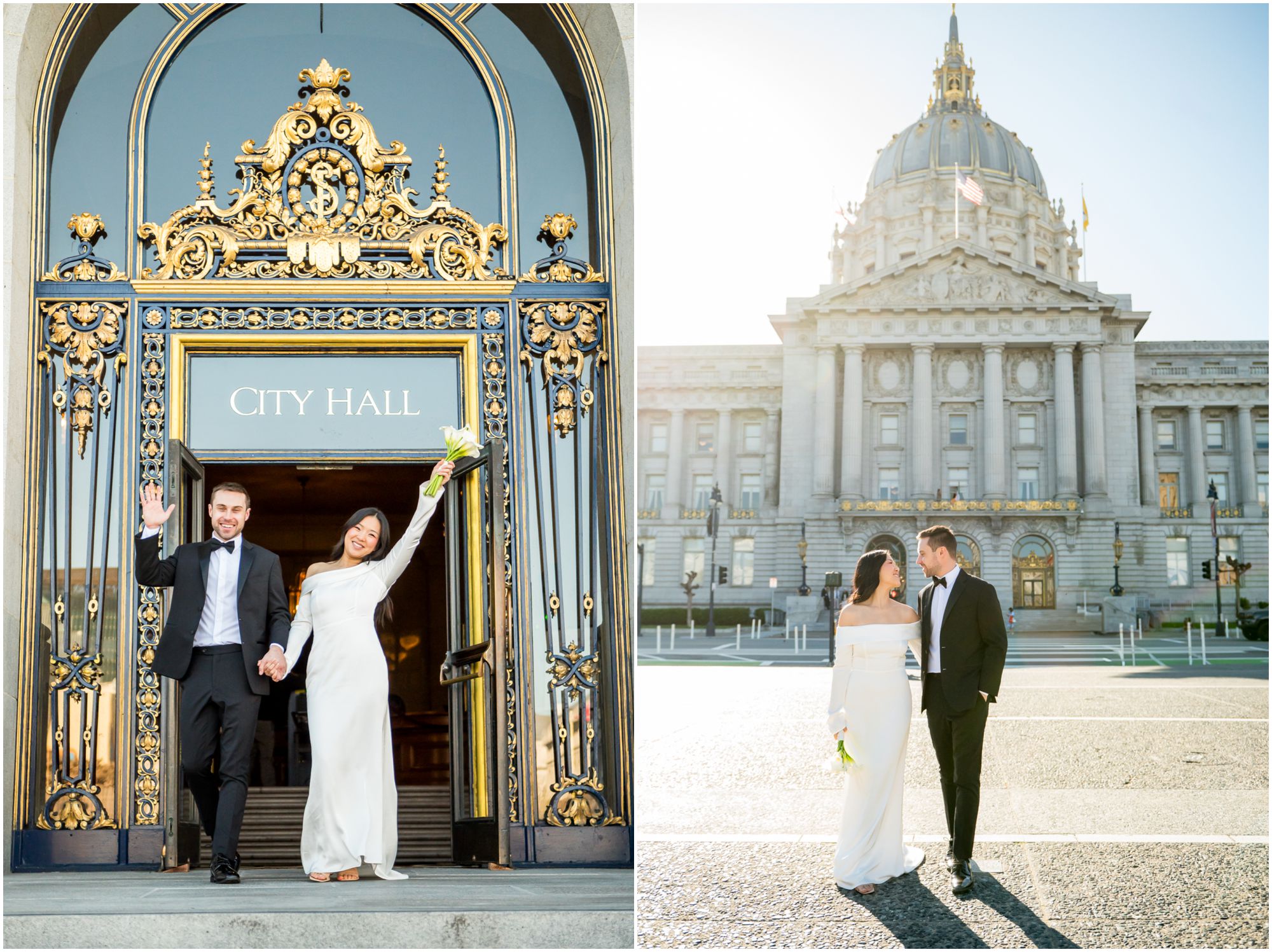 A newlywed couple in formal attire smiles and celebrates outside a grand city hall building with ornate gold details, then walks together in front of the building, holding hands and a bouquet.
