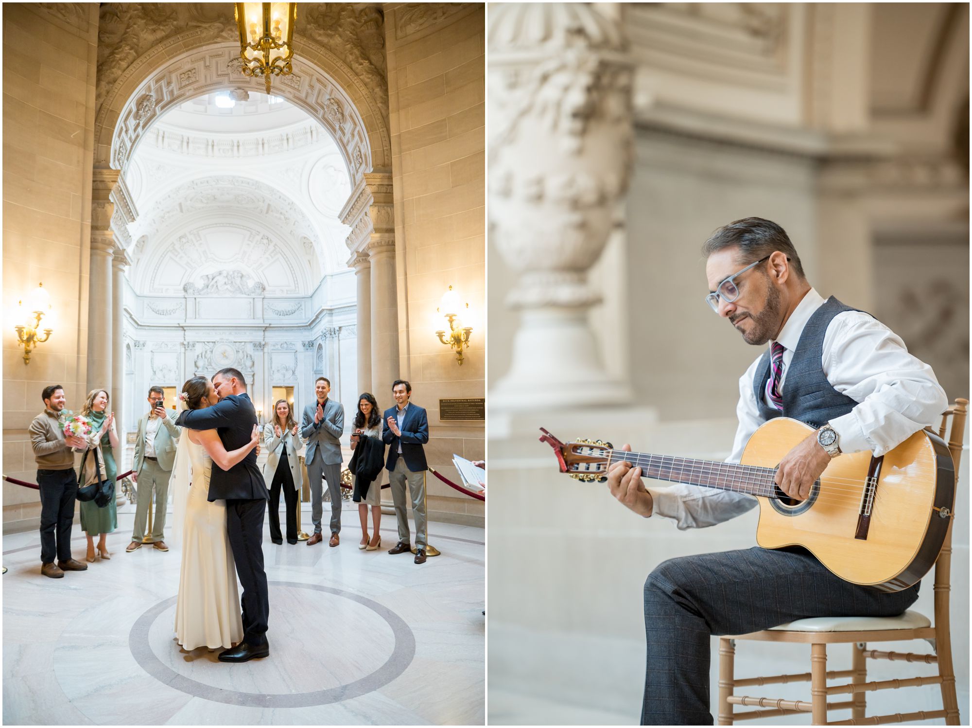 A couple embraces in a grand hall as friends and family look on; next to them, a guitarist in a suit plays music on a classical guitar, seated on a chair in an elegant, ornate setting.