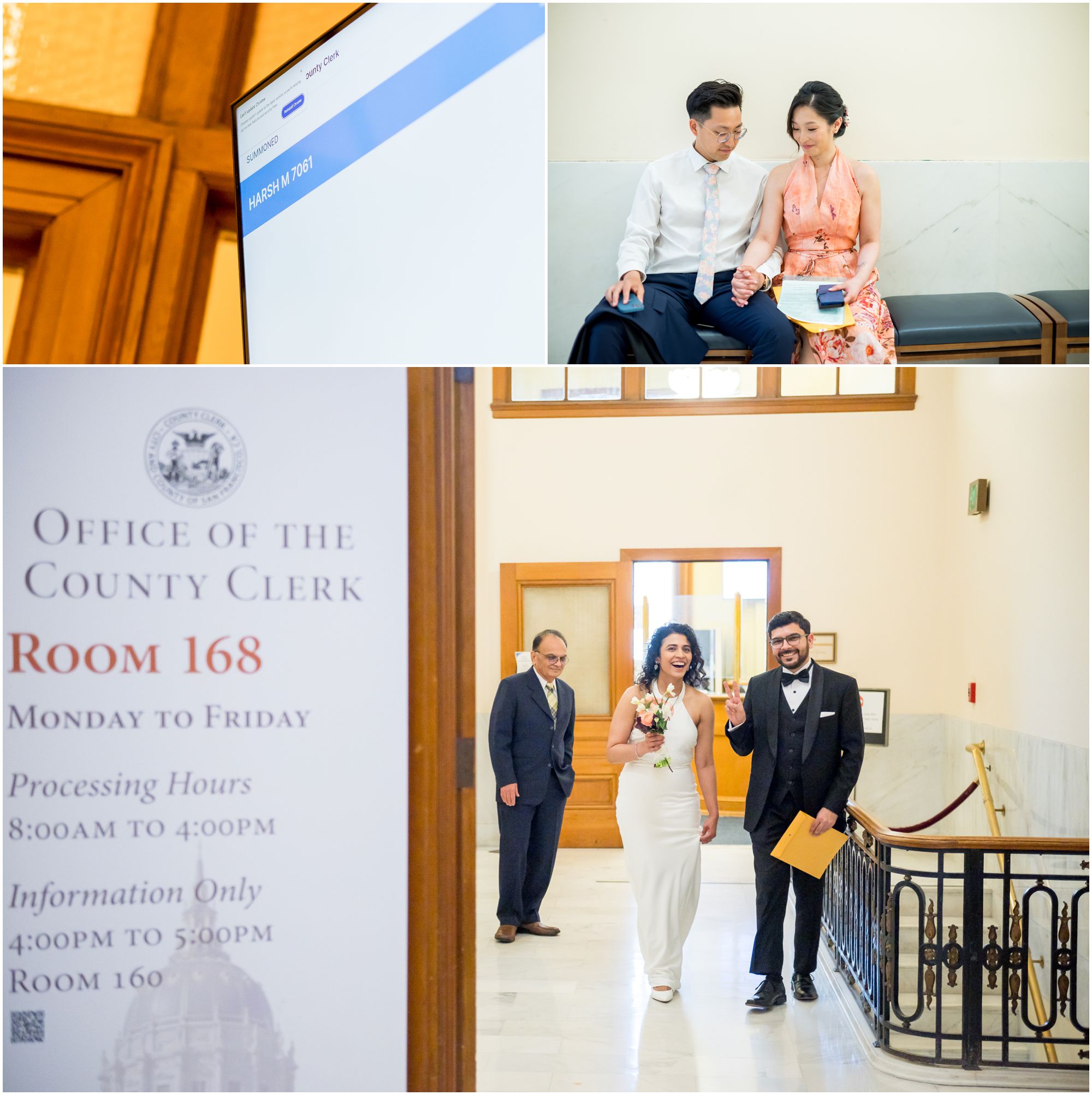 A collage shows two couples at a courthouse: one couple sits holding hands, another walks smiling, one holding flowers. Signs for the County Clerk’s office and a password screen are also visible.